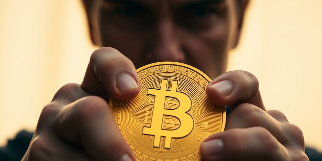 Person holding crypto coin, looking determined.
