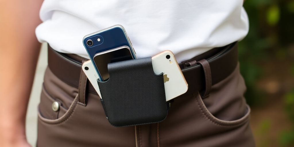 Man wearing a belt with a phone attached.