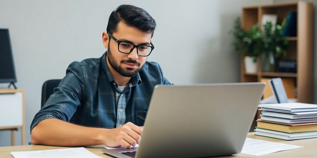 Individual working on broker license application paperwork.