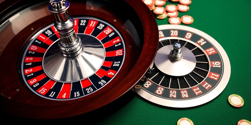 Roulette wheels, one European, one American, with chips.