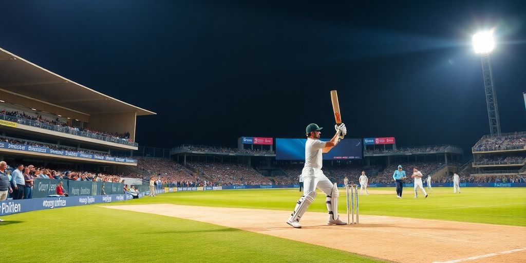 Live cricket match with players in motion on the field.
