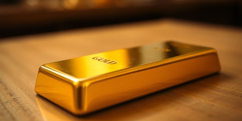 Lingot d'or sur une surface en bois.
