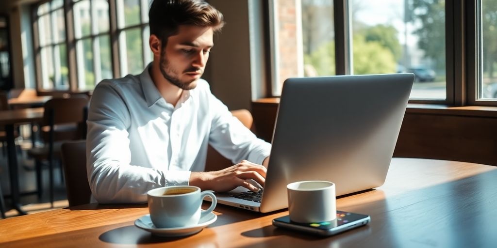Young person working on laptop at a sunny cafe table