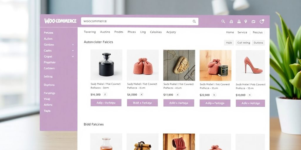 WooCommerce auction plugin interface with auction items.