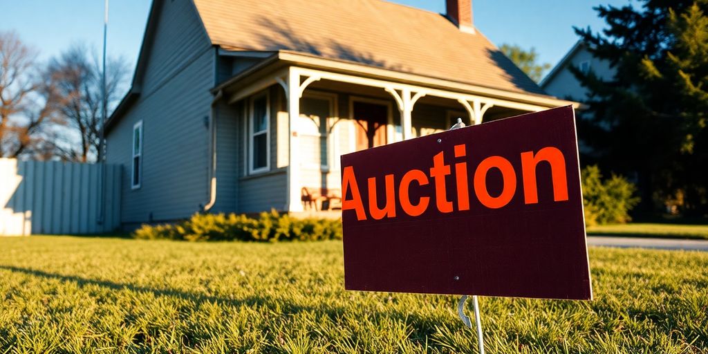 A house with auction sign nearby.