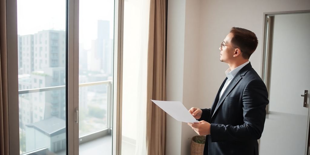 Foreign buyer examines Thai condominium interior with property agent.