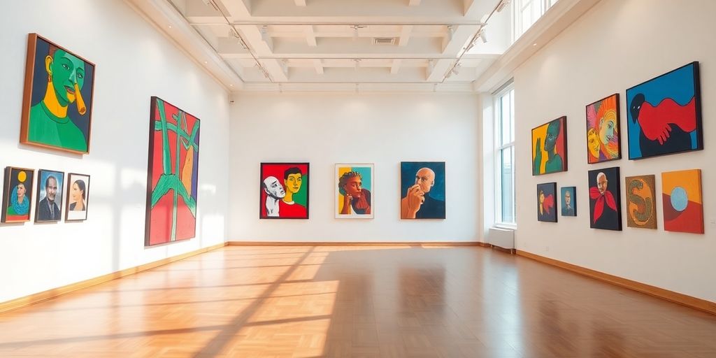 Classic paintings displayed in a grand art gallery.