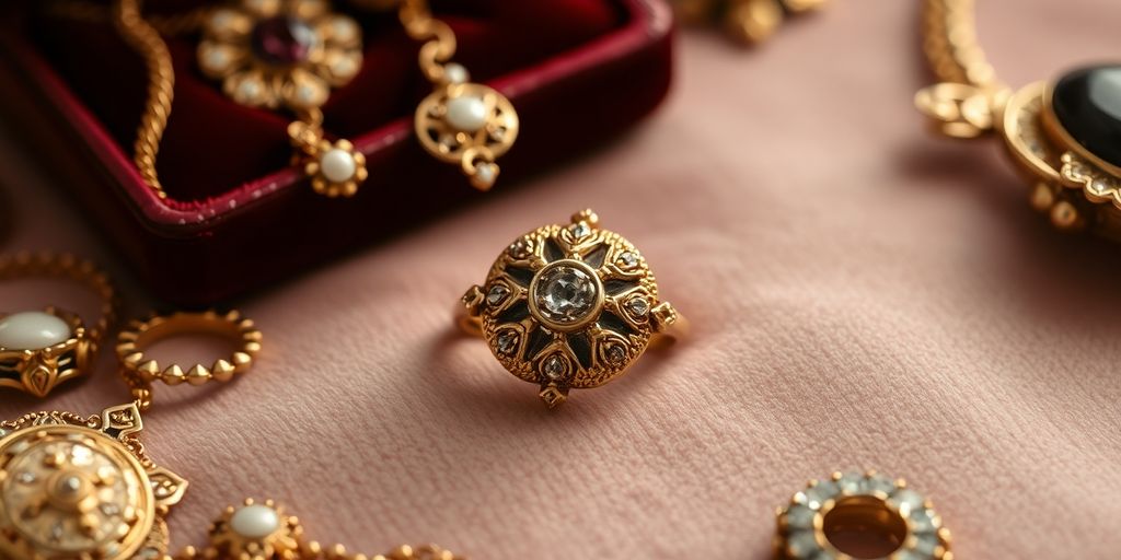 Bijoux en or hérités sur un tissu en velours.