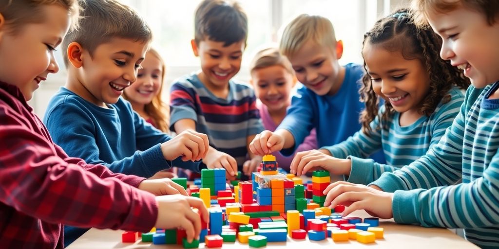 Kinder bauen gemeinsam mit bunten Bauklötzen und Bausteinen.