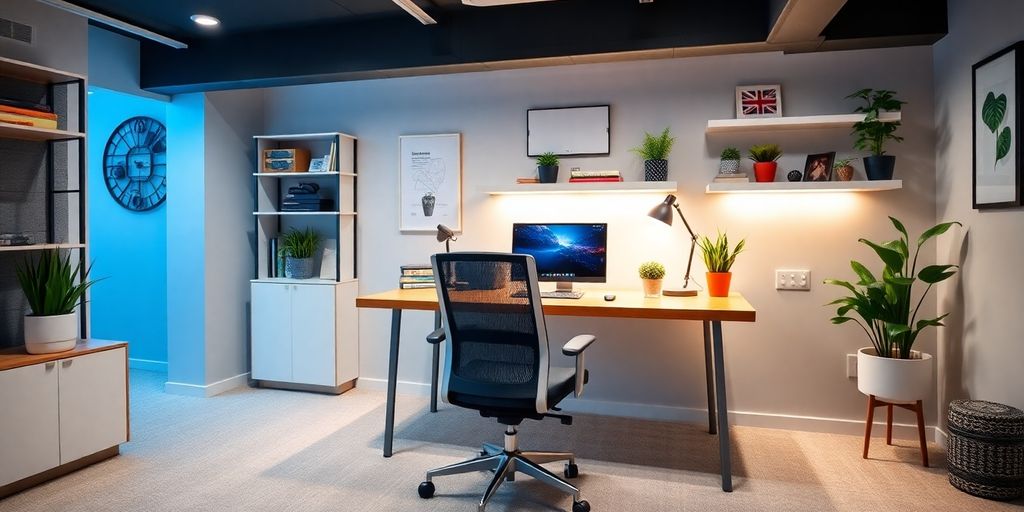 Modern basement workspace with desk and decor.