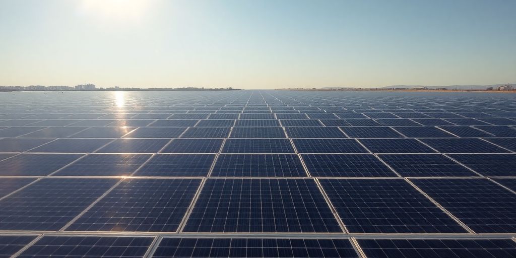 Sun illuminating vast solar panel field.