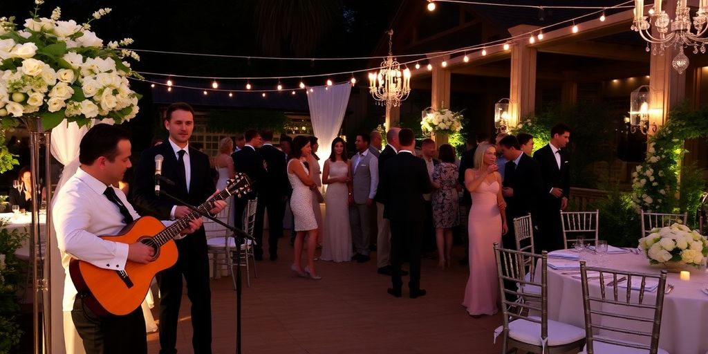 Live musicians entertaining guests at a wedding cocktail hour.