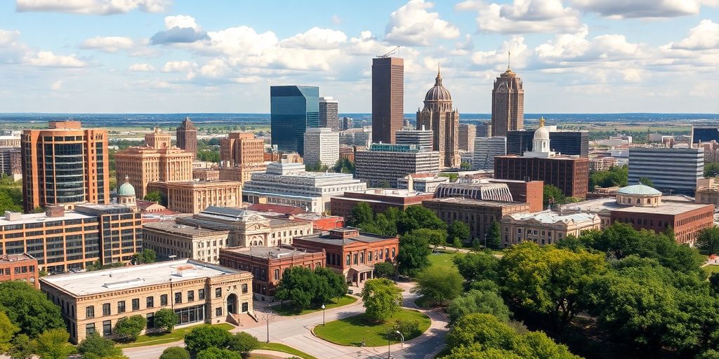 Vibrant Oklahoma cityscape with modern and historic architecture.