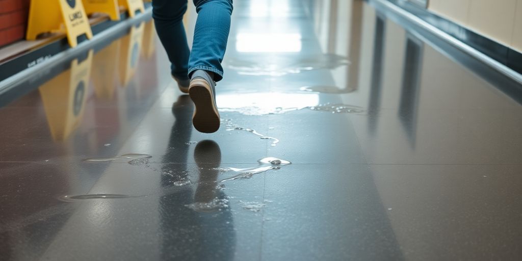 Person slipping on wet floor texture.
