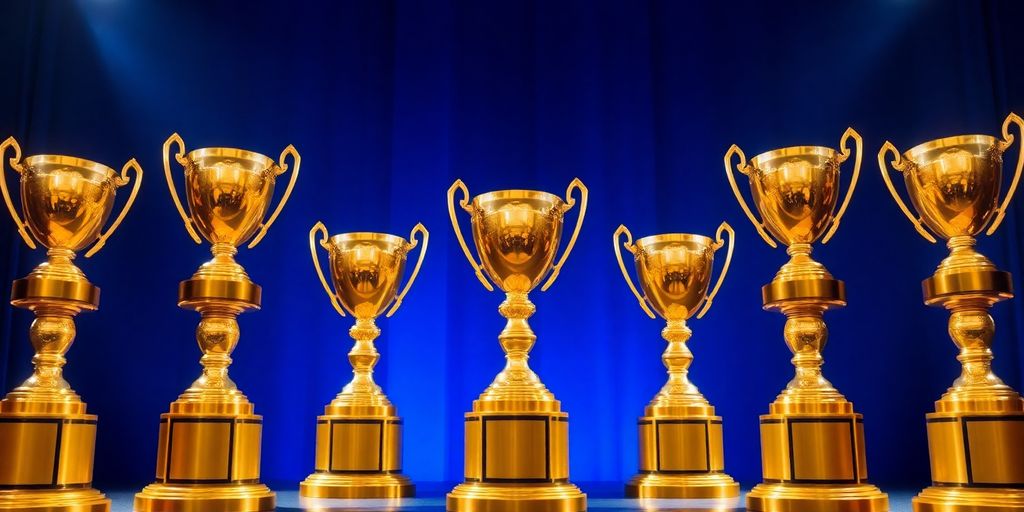Award trophies glinting under spotlight.