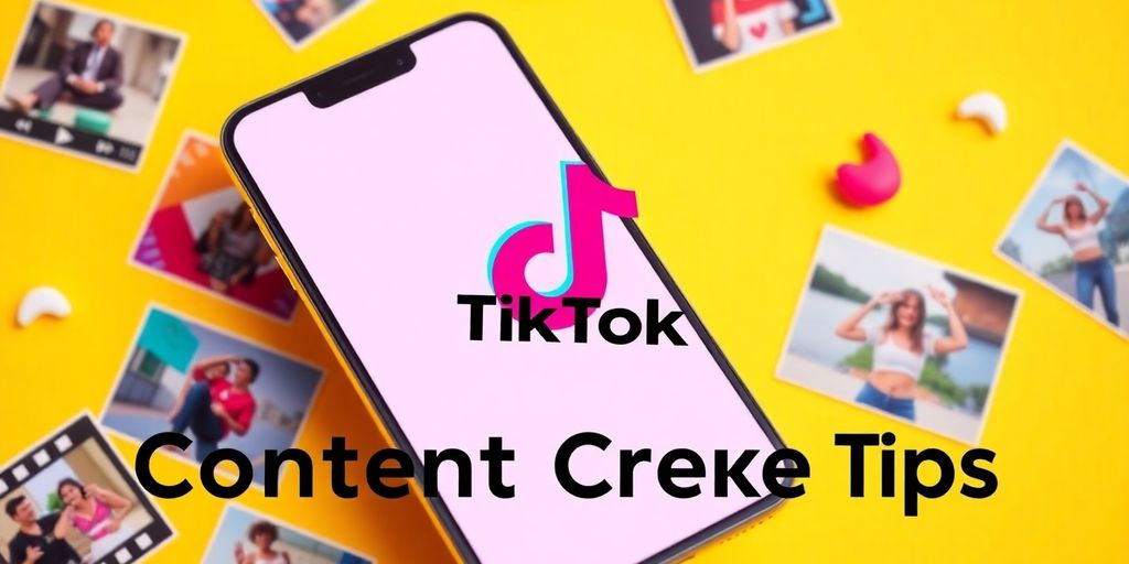 Smartphone with TikTok logo and colorful video clips.