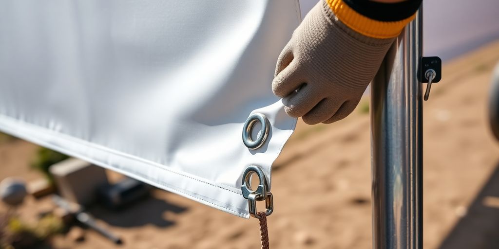 Strong hands securing large banner outdoors.