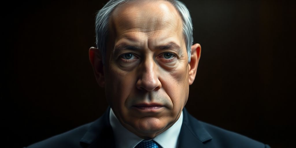 Portrait of Netanyahu with a courtroom background.