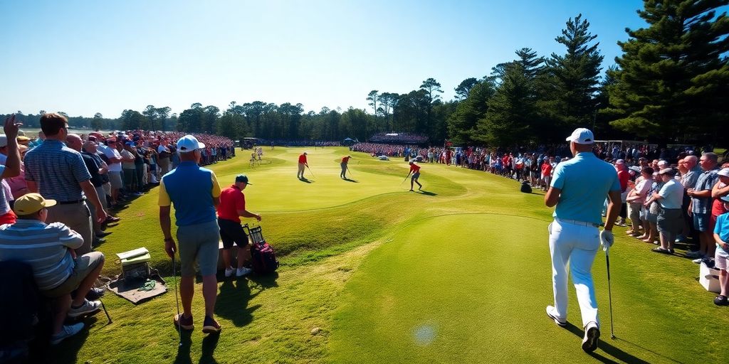 Golf players in action on a sunny green course.