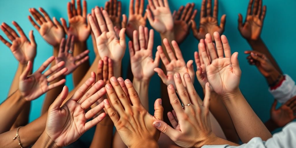 Diverse hands reaching out, connecting warmly.