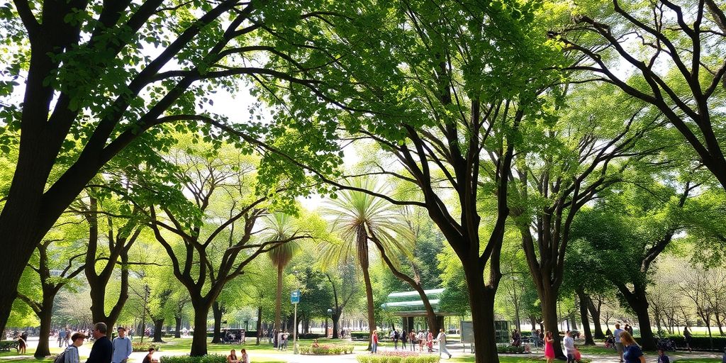 Lush green trees lining a modern city street.