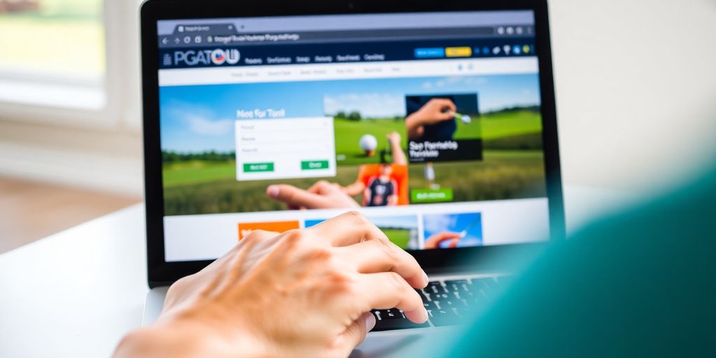 Person logging into PGA Tour website on laptop.