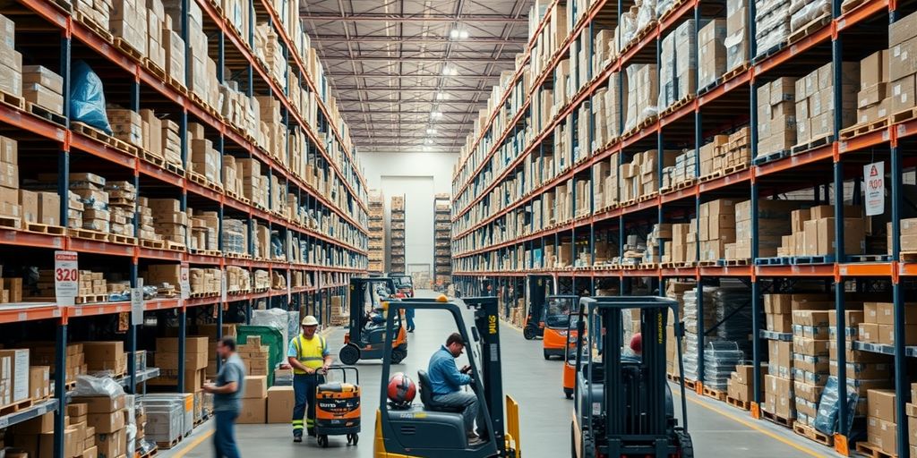 Warehouse workers managing inventory with forklifts in motion.