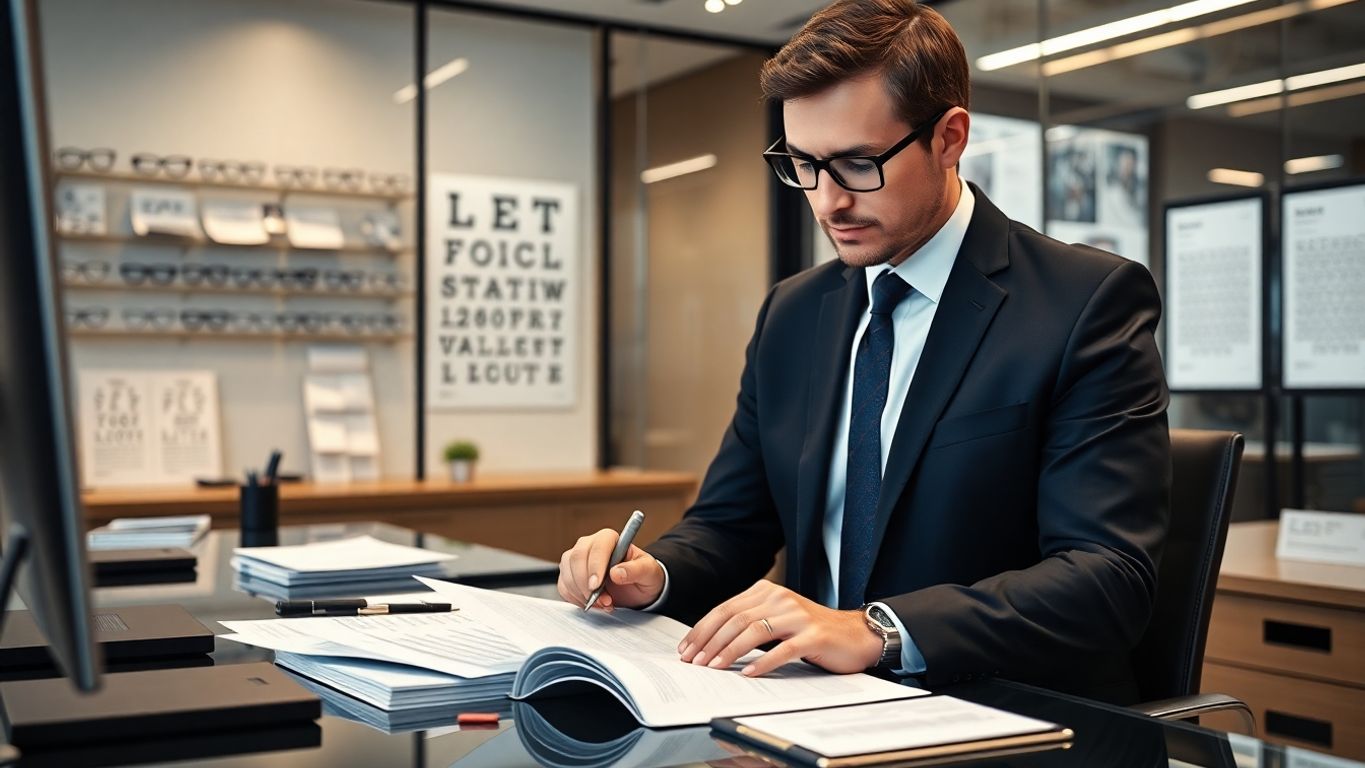Don'T Let Accounting Mistakes Cost You: Accounting For Optometrists Professional Accountant In Optometry Office Reviewing Documents.