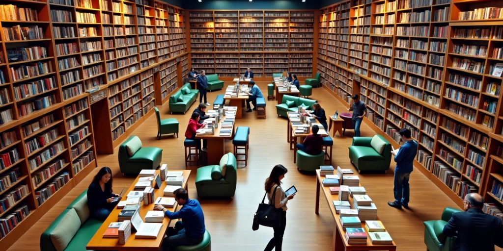 People browsing bookshelves in a large bookstore.