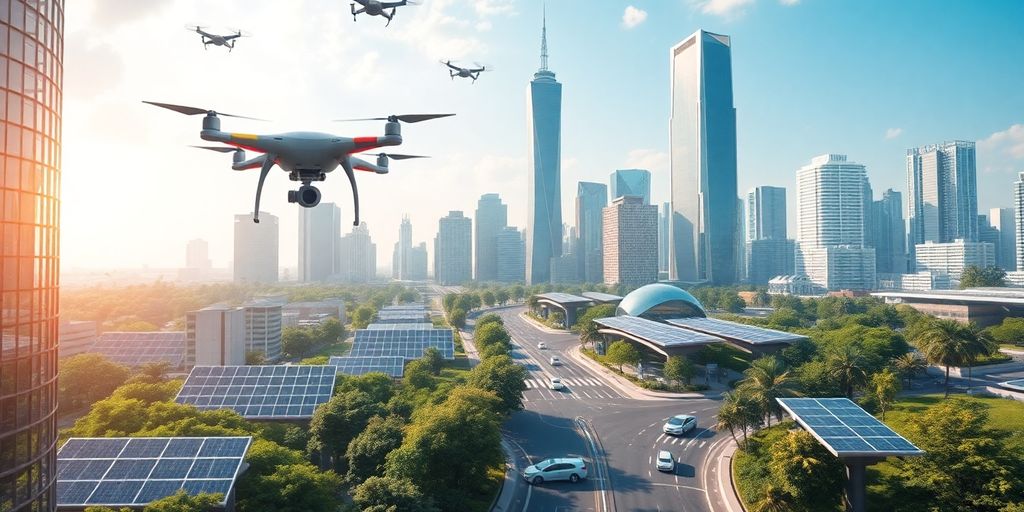 Futuristic city skyline with greenery and advanced technology.