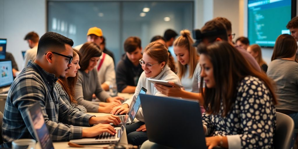People collaborating and coding on laptops in a bright, modern space.
