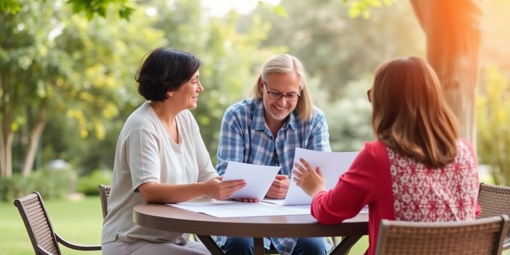 Family discussing trust setup in a peaceful garden.