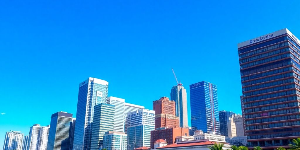 Cidade financeira vibrante com prédios modernos.