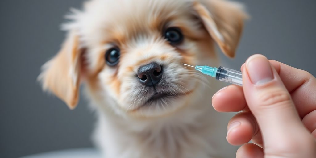 Puppy looking at needle, adult holding syringe