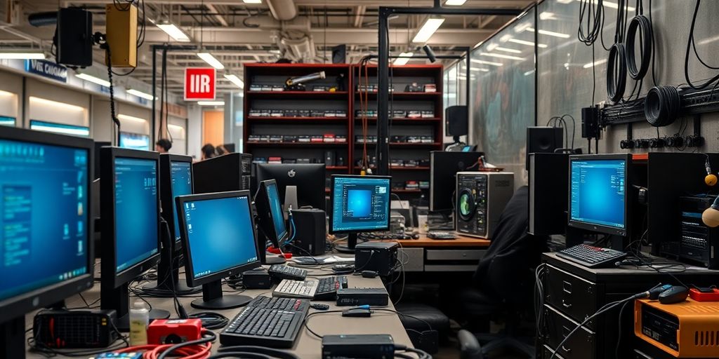 Espacio de trabajo de soporte técnico con dispositivos tecnológicos.