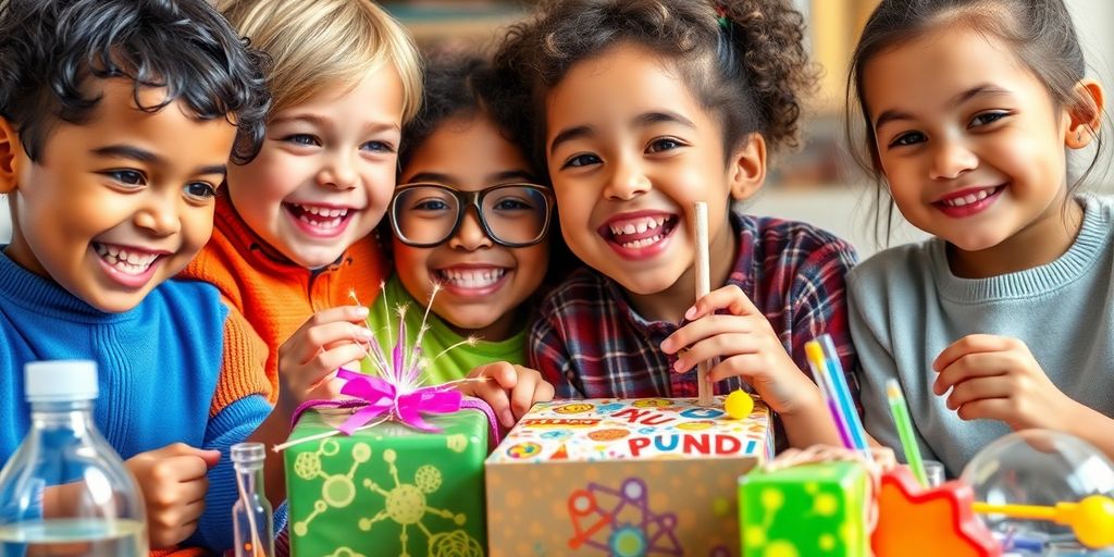 Children enjoying science gifts, expressing curiosity and joy.