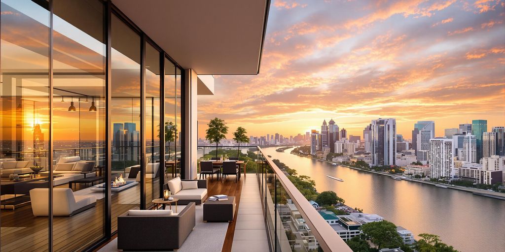 Luxurious riverside penthouse with stunning skyline views.