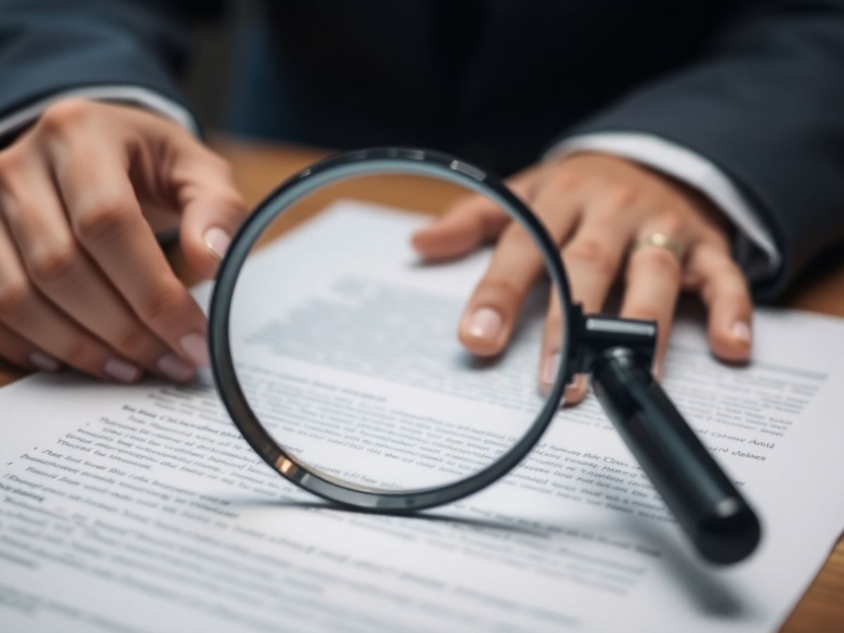 Persoană analizând un contract cu o lupă.