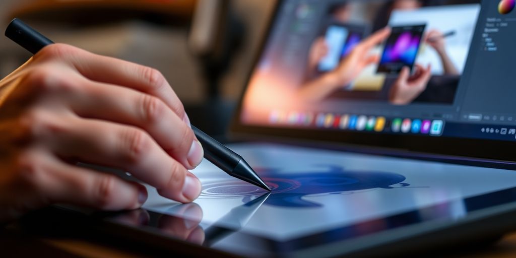 Digital artist using stylus on graphic tablet