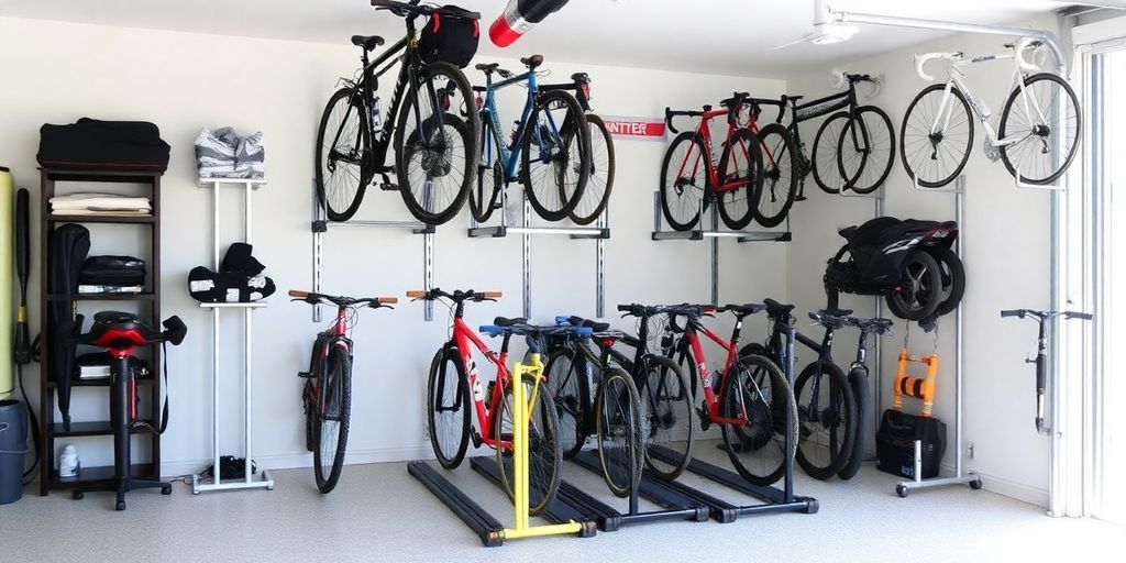Organized garage with various bike storage rack stands.