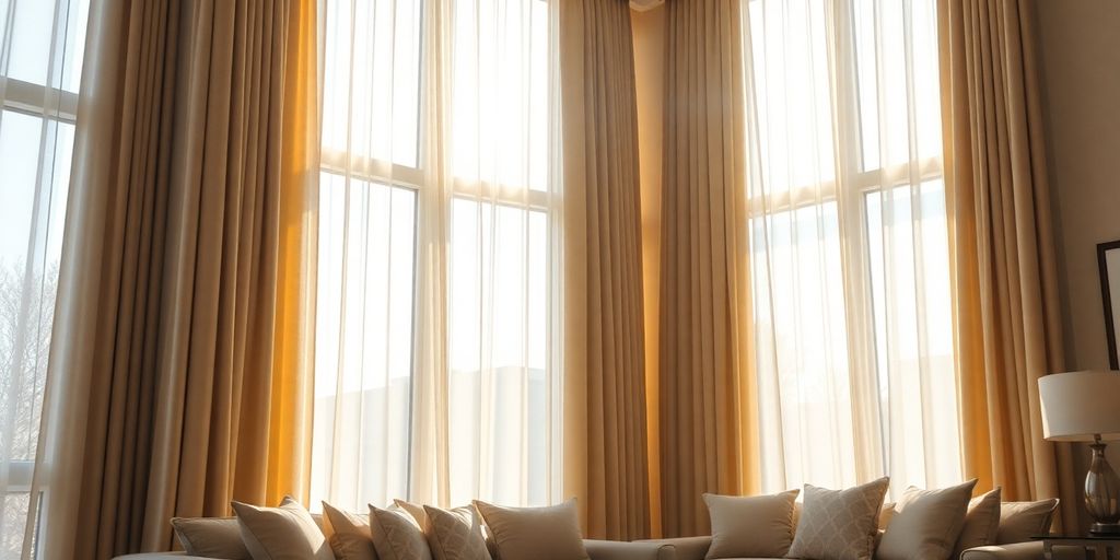 Elegant living room with flowing curtains and natural light.