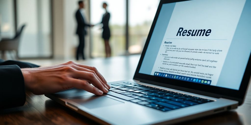 Laptop, resume, and person landing job.