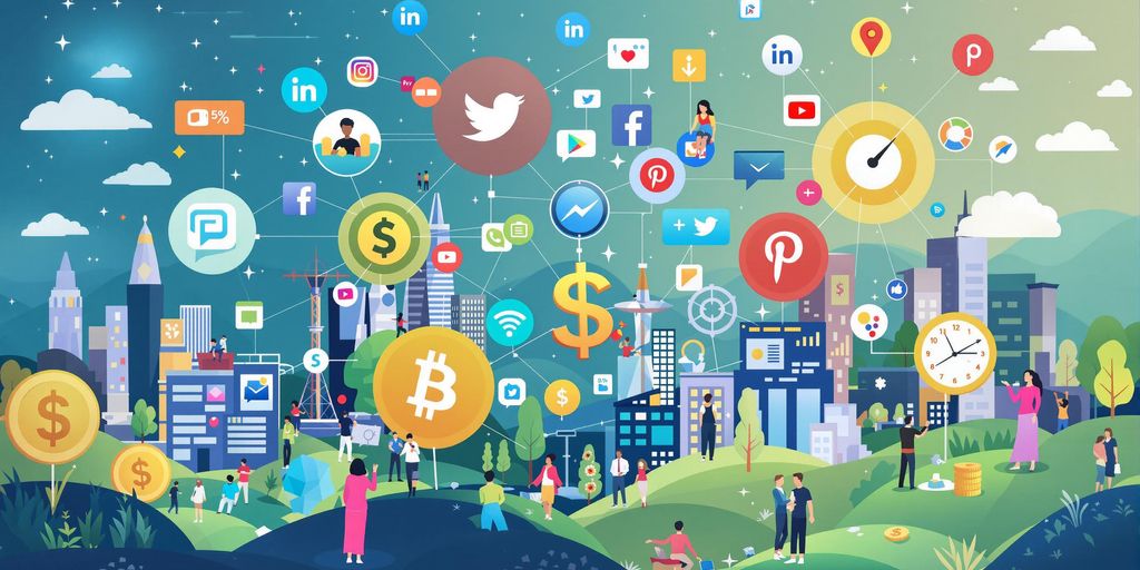 Ícones de redes sociais e elementos financeiros interconectados.