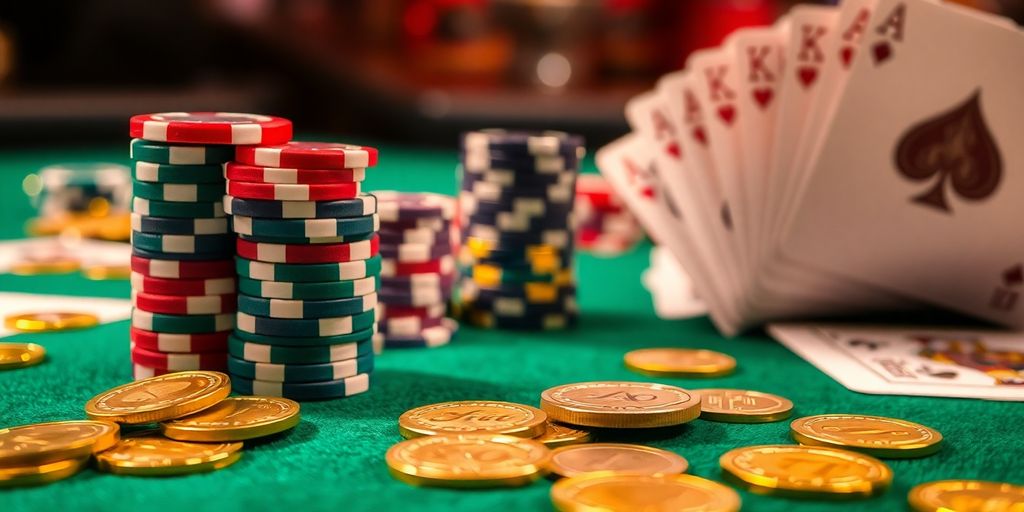 Casino chips stacked, glowing gold coins, and playing cards.
