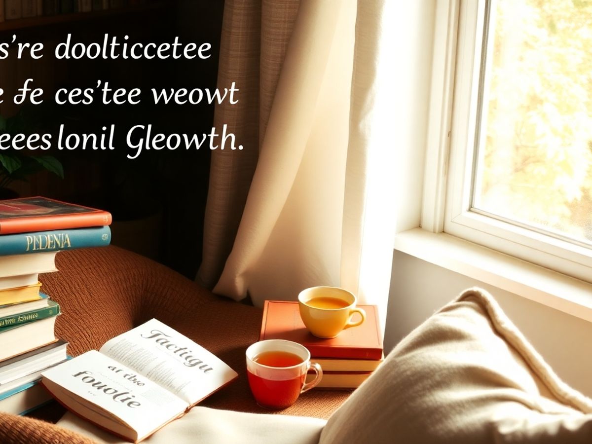 Cozy reading nook with books and a cup of tea.