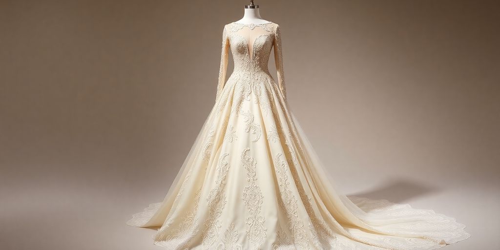 Bridal gown with intricate beadwork and flowing train.