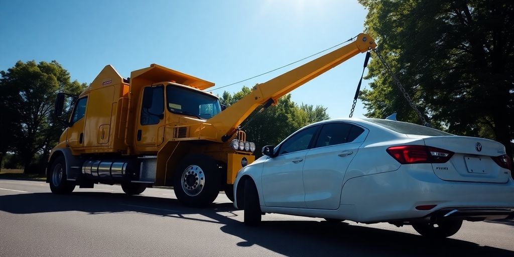 Tow truck hooking up disabled car on road.