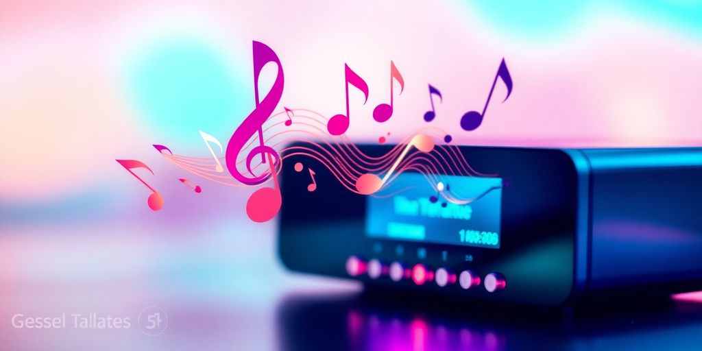 Music notes floating from a stylized audio player.