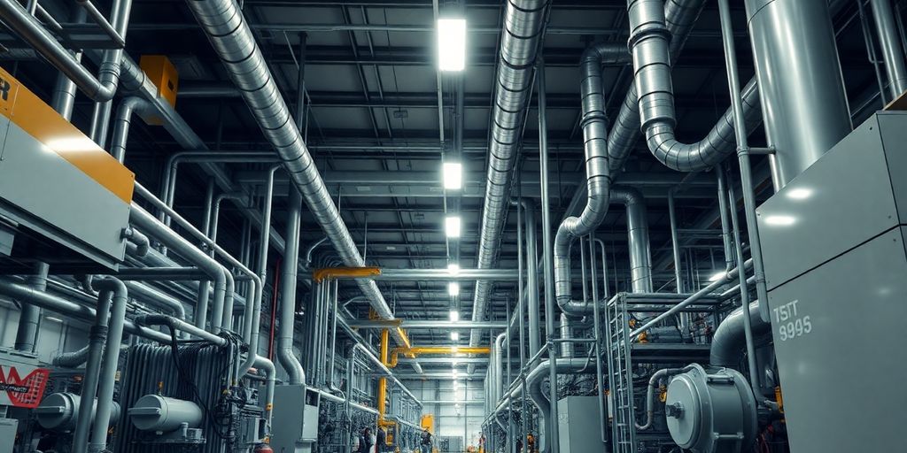 Impianto industriale con macchinari e tubature.