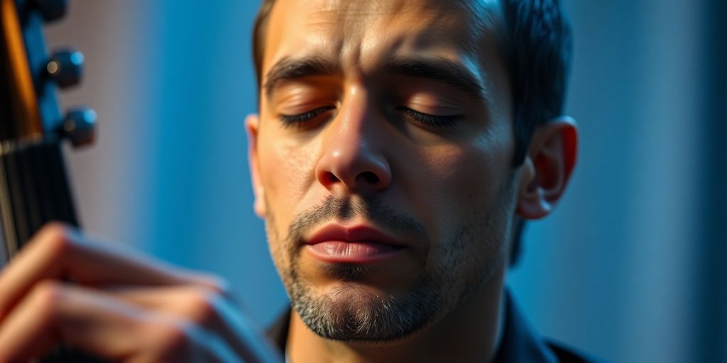 Musician practicing mentally with closed eyes and instrument.